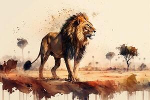Beautiful lion in nature, predator and animal life illustration. Africa watercolor. photo