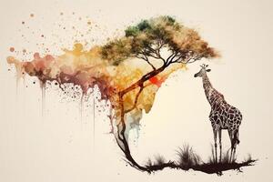 Giraffe and tree in nature, animal life illustration. Africa watercolor. photo