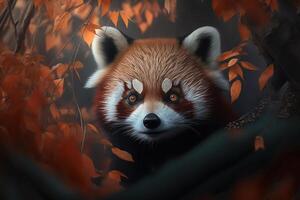 Endangered species, rare animal, wild life problem concept. Portrait Red panda, cute animal peeking out from frame of yellow autumn leaves outdoors. Generative ai photo