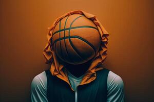 baloncesto, deporte creativo concepto. baloncesto pelota en lugar de cabeza para un atleta jugador en capucha en pie adentro. generativo ai foto