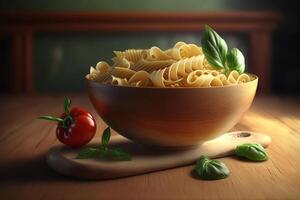 Traditional italian pasta in bowl on table. photo