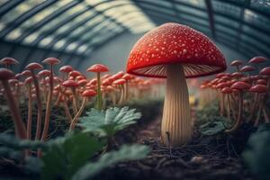 Growing row of organic poisonous red mushrooms, fly agaric in greenhouse on farm. Mushroom cultivation, gardening, science mycology concept. photo