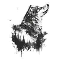 Monochrome wolf and forest isolated on white background. Northern predator. photo