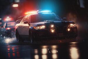 Police car patrol with blue-red flasher and serena driving in city on rainy night. illustration photo