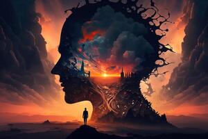 Dreaming, mental health, energy and spirituality, fantasy psychological concept. Silhouette of man on background of profile of head, colorful surreal consciousness. illustration photo