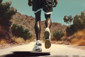 de cerca negro masculino atleta en Deportes Zapatos formación en naturaleza, del corredor piernas en pantalones cortos y zapatillas en sendero al aire libre. generativo ai foto