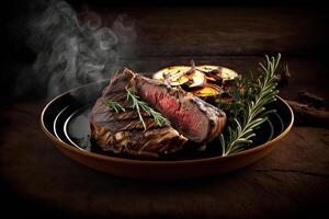 Hot piece of meat, grilled steak with aromatic rosemary herb on a plate, food close-up. Created by photo