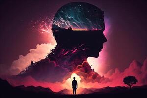 Fantasy, dreams, mental health, energy and spirituality, psychological concept. Silhouette of man on background of profile of head, colorful consciousness. illustration photo