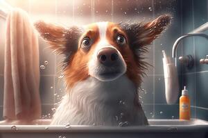 Funny frightened shocked dog bathing in bath. Washing eared pet, animal hygiene. Illustration by photo