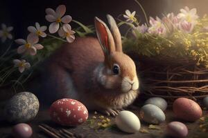 Easter holiday. Cute fluffy rabbit, a basket of flowers and decorated eggs. photo