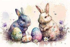 Pareja de Pascua de Resurrección conejitos acuarela ilustración de Conejo y decorado huevos. anual primavera día festivo. ilustración generativo ai foto