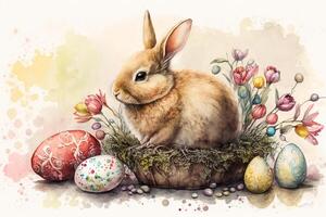 Cute brown rabbit and easter decorated eggs, watercolor. Easter illustration photo