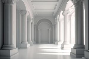 White empty hall with columns. Minimalistic interior space in a classic style, indoors. creative photo