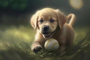 Cute puppy playing with ball outdoors. Purebred dog running after toy on green grass. Animal illustration photo