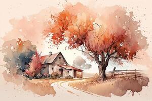 Rural autumn landscape watercolor illustration. House, autumn tree. photo