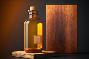 Amber bottle with cork mockup. A glass bottle of cosmetics standing on a wooden podium. photo