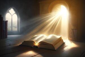 Holy Bible. Sacred ancient book illuminated by miracle of light. Faith and religion concept. Generative AI photo