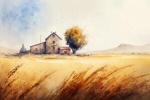 Wheat field, country house and tree. Farm watercolor illustration, photo