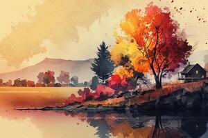 Rural autumn landscape watercolor illustration. Lake, house on shore, yellow-orange tree. photo