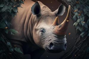 Endangered species, rare animal, wild life disaster concept. Portrait of an African rhinoceros in nature, mammal peeking out of frame of leaves outdoors. photo