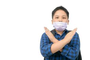 Wrong way to wear surgical mask, Schoolboy wearing a surgical mask in the wrong way isolated on photo