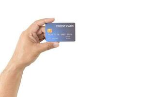 Hand man holding credit card isolated on white, photo