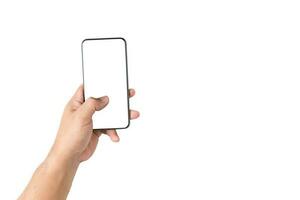 Hand man is holding mobile phone with white screen isolated photo