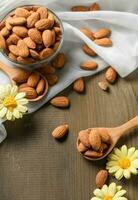 Almonds nuts   peeled on wood spoon on wood table background. photo