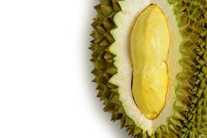 Rey de frutas, cerca uo de amarillo Durian en lado Lun correa Durian Fruta aislado foto