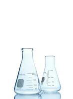 Two Empty Erlenmeyer flask on reflective isolated photo