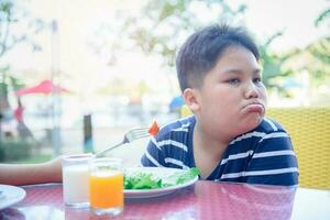 Obese fat boy with expression of disgust against vegetables photo