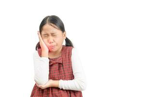 Unhappy asian girl suffering from toothache isolated photo