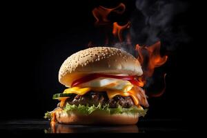 Spicy burger concept. Big sandwich with meat and salad and flames of fire on black background, fast food. photo