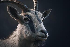 Close-up gray goat with horns outdoors. Animal portrait of farm cattle. photo