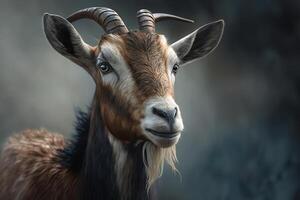 Goat with horns outdoors. Portrait of an animal farming cattle in nature. photo