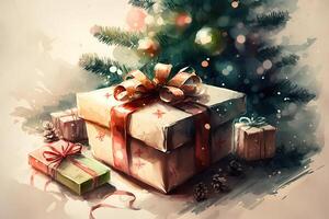 Close-up of Christmas gifts, surprise box under decorated Christmas tree, indoors. Watercolor New Year illustration, photo