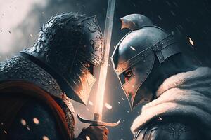 Side view of two medieval knights in armor and helmets with sword confronting each other. Battle, war, armed conflict, duel concept. Illustration created by photo