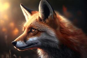 Red fox looking away in nature, sly predatory canine mammal outdoors. Animal generative ai illustration photo