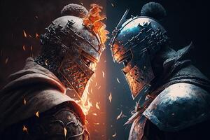 Two warrior knights in armor and helmets opposite each other. Contemporaneity, war of good and evil, opponents concept. Illustration with effects and sparkles created by photo