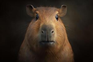 Funny cute capybara. Portrait front view semiaquatic herbivore mammal furry animal. Illustration created by generative ai photo