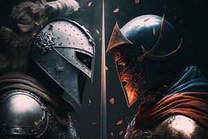 Two medieval knights in armor and helmets confront each other. Battle, war of good and evil, enemy, armed conflict, duel concept. Illustration created by photo