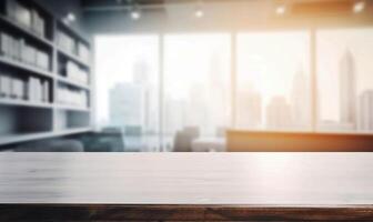 Empty Office Table with Blurred Background Business Decoration and Product Showcase with Copy Space photo