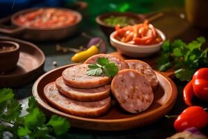 Traditional Vietnamese food, pork sausage or pork bologna with pepper, lemon and salt sauce on colorful background. . photo