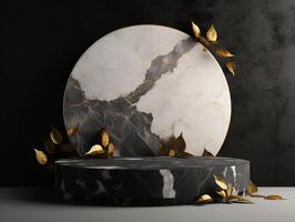 black and white round marble podium pedestal product display background with a little gold accent and gold leaf, luxury, elegant, created with photo
