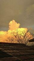 A cloud in the sky is lit up by the setting sun photo