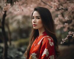 hermosa asiático mujer con largo y Derecho pelo vistiendo un vistoso kimono, mirando grave, en pie en un antecedentes de Cereza florecer arboles ai generado foto