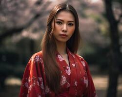 hermosa asiático mujer con largo y Derecho pelo vistiendo un vistoso kimono, mirando grave, en pie en un antecedentes de Cereza florecer arboles ai generado foto