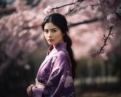 hermosa asiático mujer con largo y Derecho pelo vistiendo un vistoso kimono, mirando grave, en pie en un antecedentes de Cereza florecer arboles ai generado foto