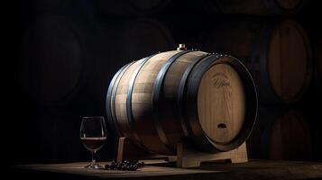 vino barril y vino vaso en de madera mesa con oscuro antecedentes. ai generado foto