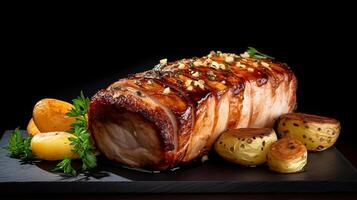 Roast pork loin with potatoes and parsley on black background. photo